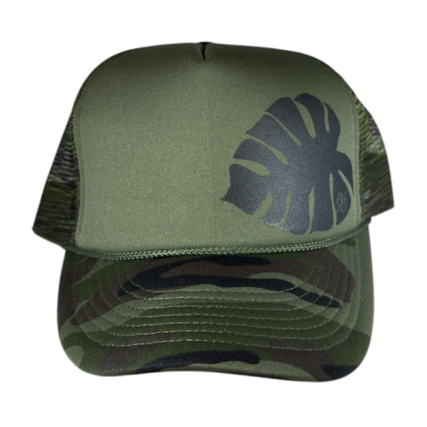 anxd monstera leaf olive camo foam trucker