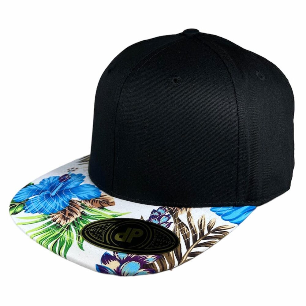 black crown with blue floral visor snapback hat