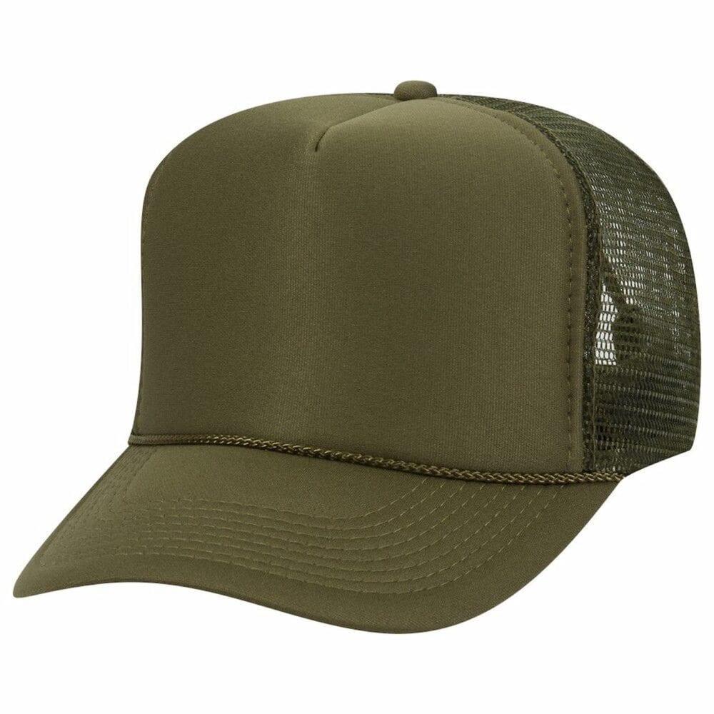 the all solid olive foam trucker hat from double portion supply socially acceptable stretch fit head sizes light rain promotional accessory metal grommets