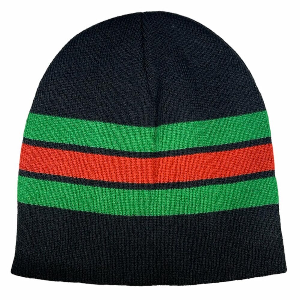 the matrix beanie black knit red and green stripes